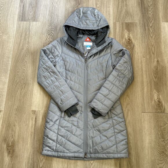 Columbia Omni Heat Puffer Jacket Womens Small Long Gray Hooded Coat Parka FLAWS - Picture 1 of 12